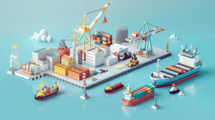 Fototapeta premium vibrant 3D illustration of busy shipping port featuring cranes, cargo containers, and various ships. scene captures essence of maritime logistics and trade