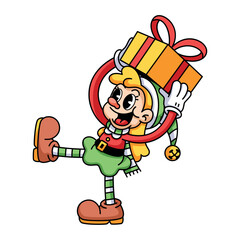 Vector Retro Cartoon Christmas Elf Girl Holding Gift Box Character Groovy Illustration Isolated