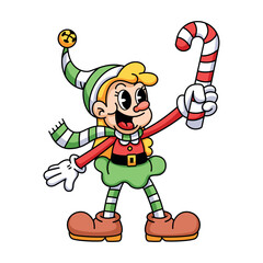 Vector Retro Cartoon Christmas Elf Girl Holding Candy Cane Character Groovy Illustration Isolated