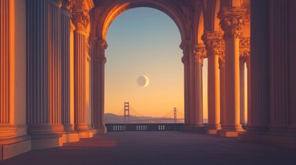Fototapeta premium sunset view through architectural columns with a bridge in the background