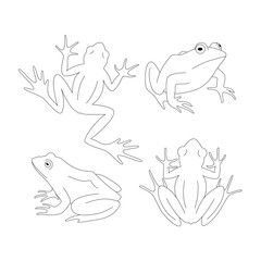 Set of black outline frogs. Isolated black line toads on white background. Page of coloring book.