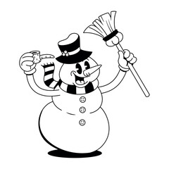Vector Retro Cartoon Christmas Snowman Character Groovy Illustration Isolated