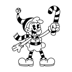 Vector Retro Cartoon Christmas Elf Girl Holding Candy Cane Character Groovy Illustration Isolated