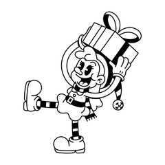 Vector Retro Cartoon Christmas Elf Girl Holding Gift Box Character Groovy Illustration Isolated
