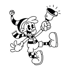 Vector Retro Cartoon Elff Ringing Christmas Bell Character Groovy Illustration Isolated