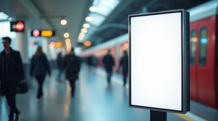 A blank advertising board stands at a bustling train station, with blurred figures of commuters and a train in the background. 