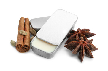 Natural solid perfume and condiments isolated on white