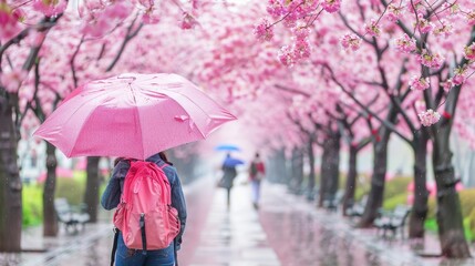 Individual strolling in a park with an umbrella during a gentle spring rain shower