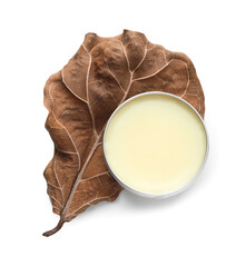 Natural solid perfume and dry leaf isolated on white, top view