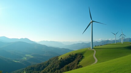 A close-up aerial view of a wind turbine situated on lush green hills under a bright blue sky, showcasing the integration of renewable energy and sustainable technology. 