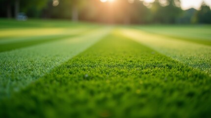 A close-up view of a mowed turf golf course, showcasing the perfectly manicured grass and neat stripes that define the fairways. 