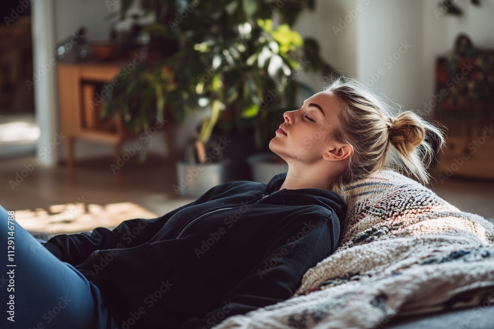 Wall mural A woman with blonde hair tied in a ponytail rests on a blanket in a minimalist living room She wears a black zip hoodie and blue leggings, natural light fills the room, creating a peaceful ambiance 2