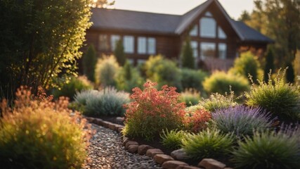 Obraz premium Beautiful garden with colorful plants near a cozy house at sunset