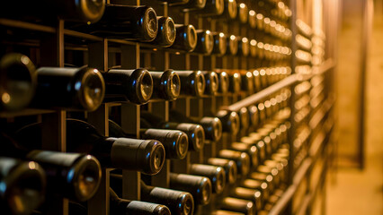 Rows of wine bottles in warm-lit wine cellar with intricate textures