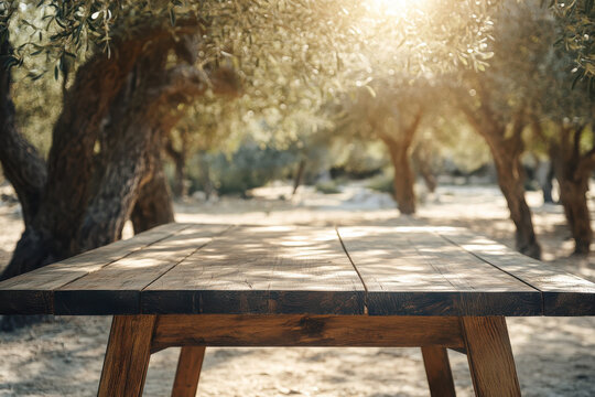 A wooden table in an olive grove with sunlight filtering through the trees.