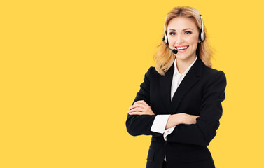 Call center. Happy female support phone operator wear headset, black corporate jacket isolated...