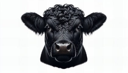 This striking portrait captures the essence of a majestic black Angus bull. The bull's deep, soulful eyes and distinctive curly coat make it clear that this animal is strong and powerful. The image is