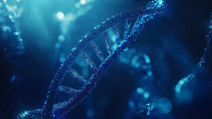 DNA double helix in a vibrant blue scientific background. Concept of genetics, biotechnology, and science.