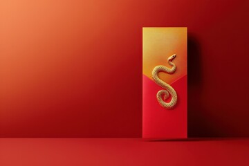 Red envelope with a golden snake motif embossed, placed upright against a vibrant gradient background transitioning from red to gold, luxurious, festive, Chinese New Year promotions, social media.