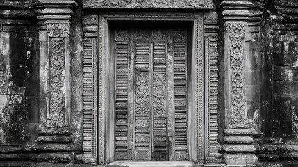 A black and white image of a historic temple door, its age visible in the worn carvings and faded wood.