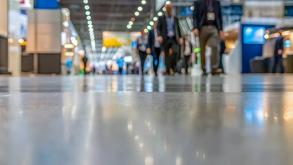 Crowded trade show floor with blurred booths and polished lighting