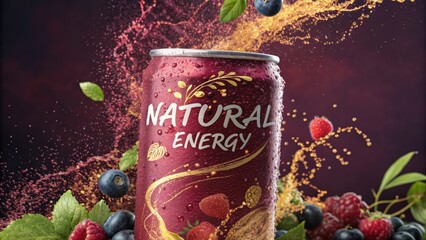 An ultraclose shot captures the can in a radiant explosion of deep reds and purples with flourishes of golden zest tered about. The Natural Energy text is elegantly scripted