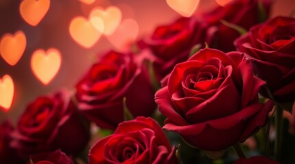 Obraz premium A romantic arrangement of red roses surrounded by glowing heart-shaped bokeh, creating a warm and loving atmosphere. 