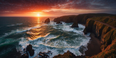 Obraz premium Sunset over cliffs and ocean waves at a coastal location