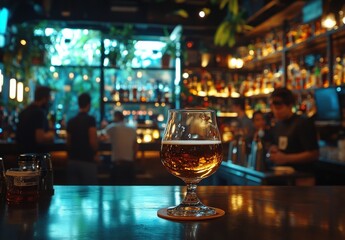 A Tantalizing Close-Up of an Elegant Glass of Beer in a Stylish Bar Surrounded by Blurry Patrons and Ambient Lighting for a Modern Atmosphere