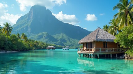 Naklejka premium A serene tropical scene featuring a wooden hut on turquoise water, surrounded by palm trees and a majestic mountain backdrop under a clear blue sky. 