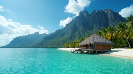 A serene tropical scene featuring a wooden hut on turquoise water, surrounded by palm trees and a majestic mountain backdrop under a clear blue sky. 