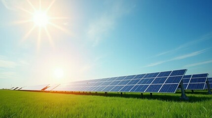 A solar panel array captures sunlight, converting it into renewable energy on a green field under a bright sky. 