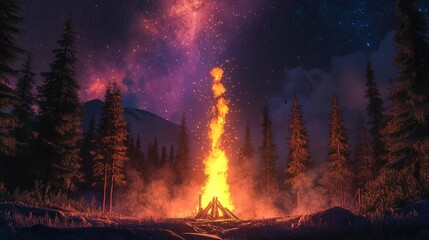 Obraz premium A blazing bonfire crackles in a campsite, flames reaching up to the stars, with a warm glow spreading across the quiet, dark forest