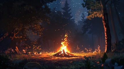 A blazing bonfire crackles in a campsite, flames reaching up to the stars, with a warm glow spreading across the quiet, dark forest