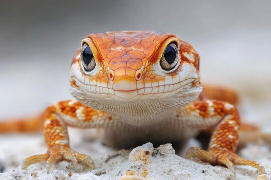Close-up of a rough knob-tailed gecko lying on sand, showcasing its vibrant orange and white skin and captivating gaze