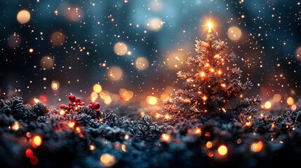 Obraz premium Christmas background with fir tree and sparkle toys, New Year. AI generative