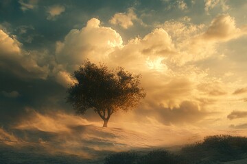 Obraz premium A stormy desert scene with dramatic clouds, strong winds, swirling sand, and a solitary tree standing tall, golden evening light breaking through, medium close-up 2