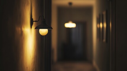 A blurred light bulb casts a warm glow, the light gently diffusing, creating an intimate, softly lit atmosphere in the dark background