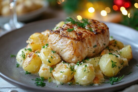 Grilled halibut fillet resting on roasted potatoes with creamy dill sauce for christmas dinner