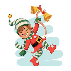 Vector Elf Ringing Christmas Bell Helper Cartoon Illustration Isolated