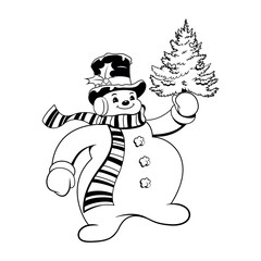 Vector Snowman With Tree Christmas Scarf Hat Cartoon Illustration Isolated