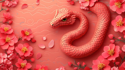 Obraz premium Snake zodiac for 2025 Lunar New Year with peach blossoms and traditional decorations
