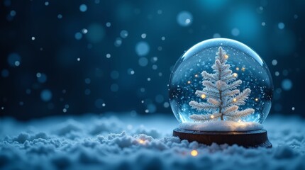 Christmas Snow Globe In Eve Night - Wish Concept With Snowing And Blue Abstract Defocused Background