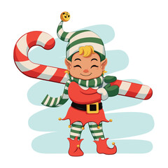 Vector Elf Carrying Candy Cane Christmas Helper Cartoon Illustration Isolated