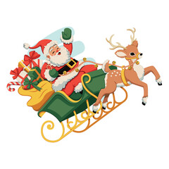 Vector Santa Claus Sleigh Reindeer Cartoon Illustration Isolated