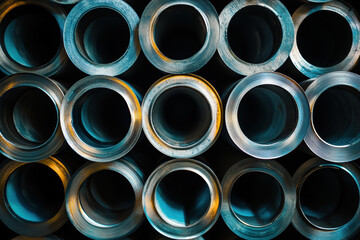 Close-up view of metallic pipes arranged in a structured pattern.