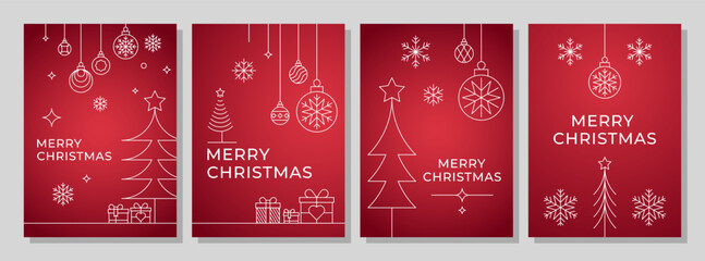 Merry Christmas Greeting Card Poster Graphic Vector Set. Christmas Pine Tree,  Tree, Star, Snowflake, Snow, Bauble, Christmas Ball. Editable Line Art Stroke