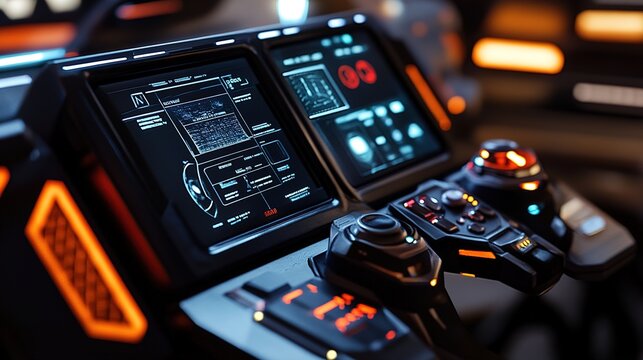 A futuristic control panel featuring digital displays and joystick controls, illuminated with orange accents, ideal for a sci-fi setting.