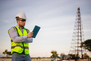Engineer is inspecting the construction site and planning the construction of an office building for a factory.