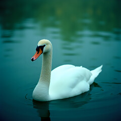 Fototapeta premium A white swan with a striking orange beak glides across a tranquil body of water, its reflection subtly mirrored in the surface.